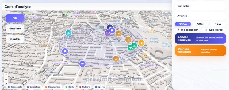Carte 3D de Proximité-Immo : les points d'intérêt autour d'une adresse d'Avignon, groupés par catégorie et affichés dans un rayon de 300 mètres