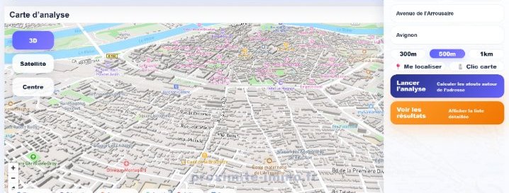 Vue plan de l'application avec le panneau de recherche d'adresse et le choix du rayon d'analyse
