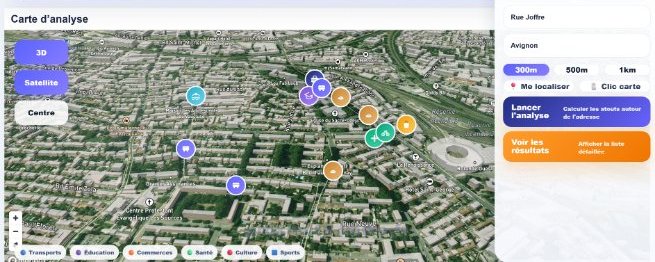 Vue satellite de la même analyse, avec les marqueurs de points d'intérêt par catégorie